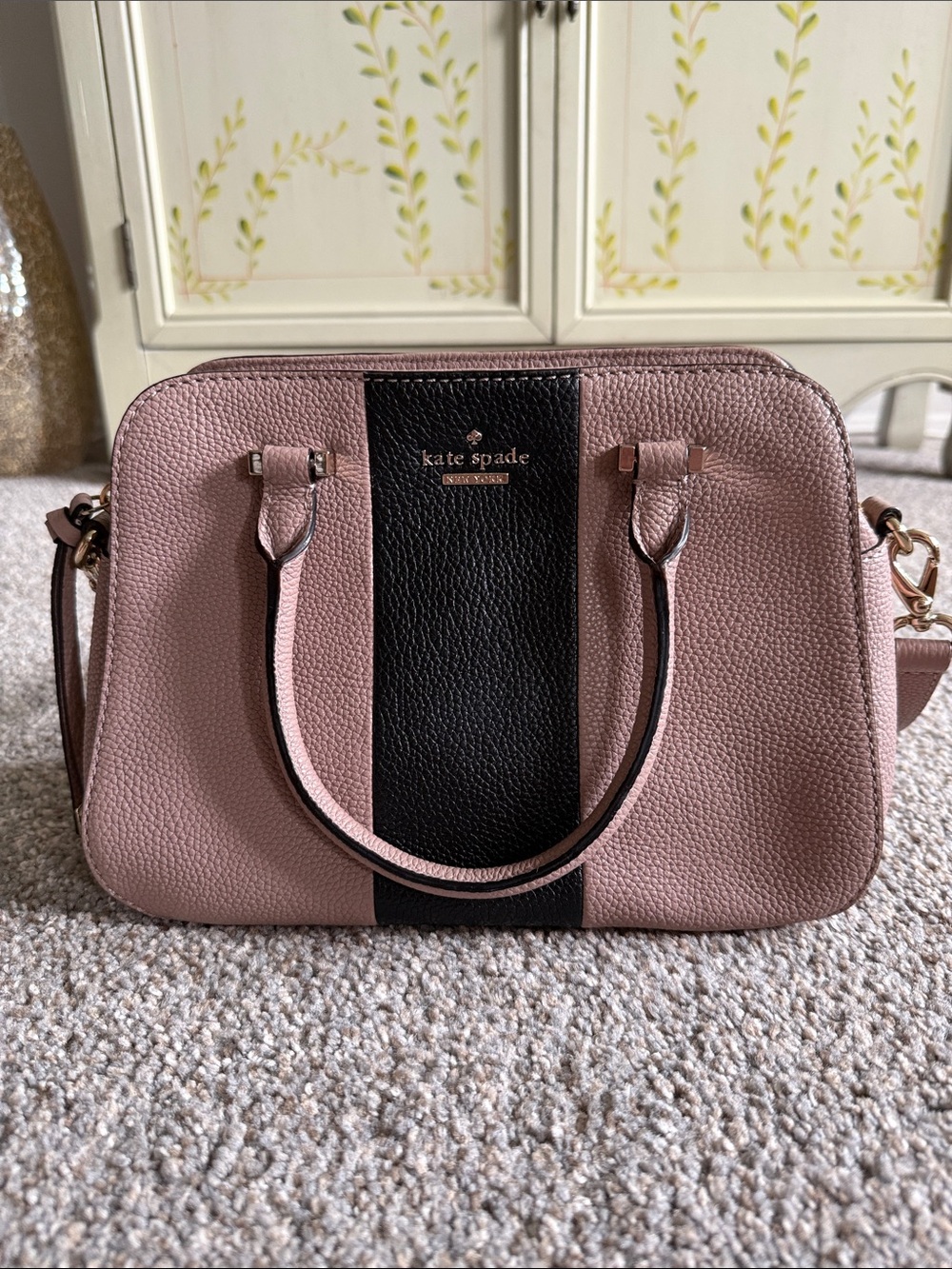 kate spade Pink and Black Pebbled Leather Stripe Satchel